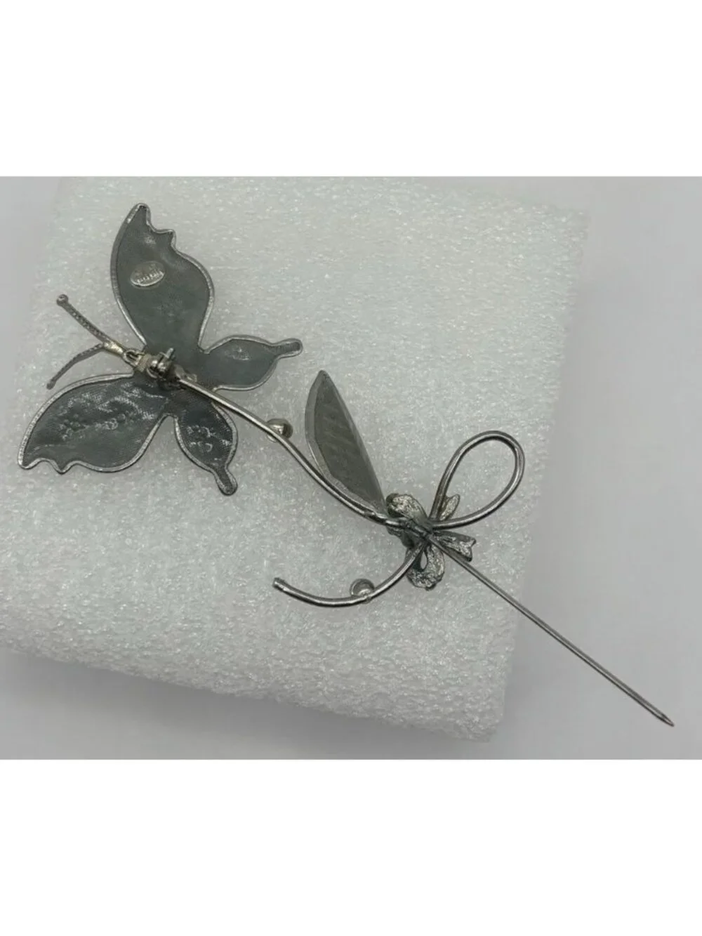 Vintage Cold Enamel Mesh Butterfly Brooch AB Rhinestone Bow Rhodium Plated 1950s